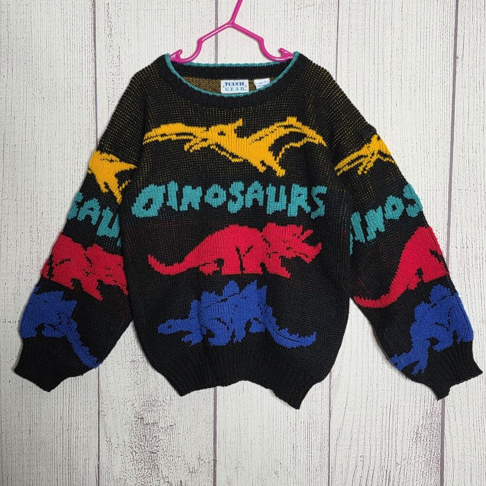 VTG 90s Kids Childs Tough Gear Dinosaur Colorful Novelty Knit Sweater, sz 7